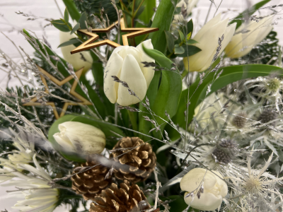 White Christmas - Seasonal selection of white flowers with silver and gold accessories, surrounded by lush foliages, scented and twiggy!